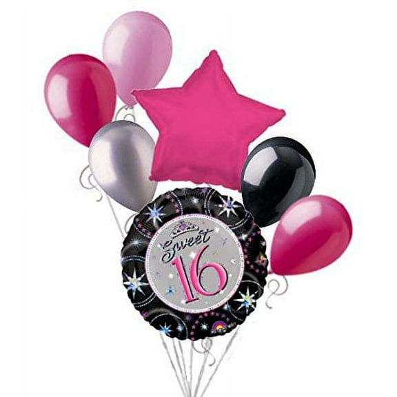 7 pc Prismatic Sweet 16 Happy Birthday Balloon Bouquet 16th Sixteenth Hot Pink