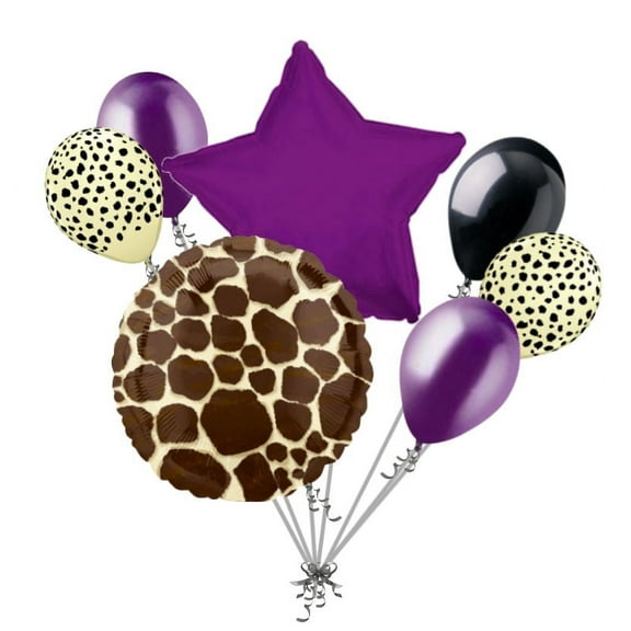 7 pc Tan Giraffe Print Balloon Bouquet Happy Birthday Baby Shower Animal Purple by Jeckaroonie Balloons