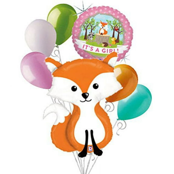7 pc Woodland Fox It's a Baby Girl Animals Balloon Bouquet Party Decoration Pink