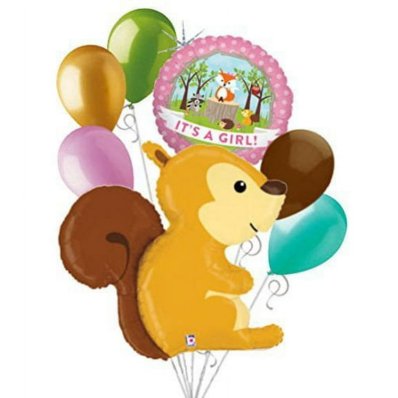7 pc Woodland Squirrel It's a Baby Girl Animals Balloon Bouquet Party Decoration