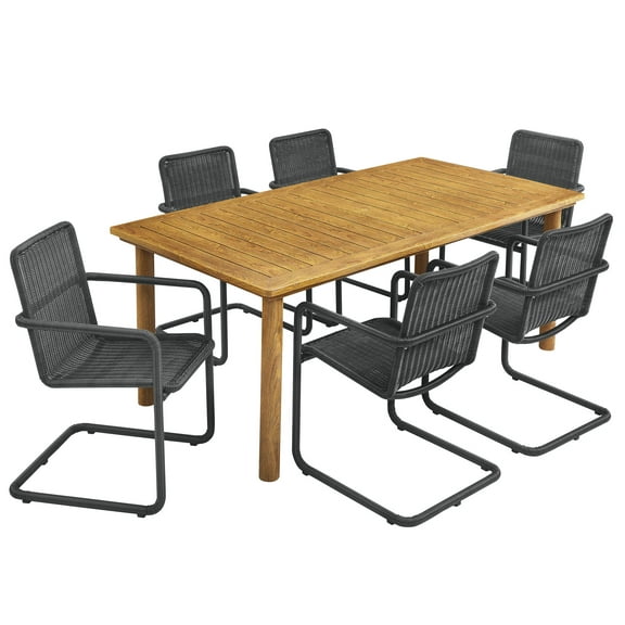 7 pcs Dining Side Chair and Table Set, Black, Wicker Rattan, Outdoor Patio Balcony Cafe Bistro Garden Hospitality Restaurant, Modern Contemporary, HB37542