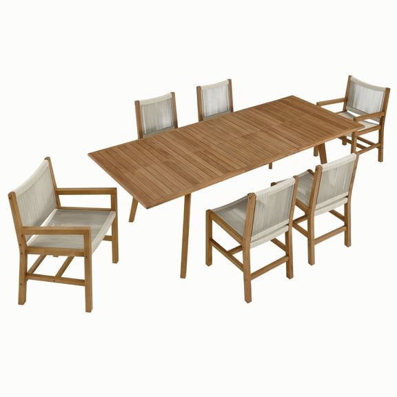 7 pcs Dining Side Chair and Table Set, Natural Brown, Teak Wood, Outdoor Patio Balcony Cafe Bistro Garden Hospitality Restaurant, Modern Contemporary, HB37240