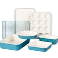 thumbnail image 1 of 7-piece Nonstick Ceramic Baking Pans Set - Bakeware Sets Including Cookie Sheets For  Muffin Pan Bread Cake Loaf Roasting And Rack Light Blue & White, 1 of 9