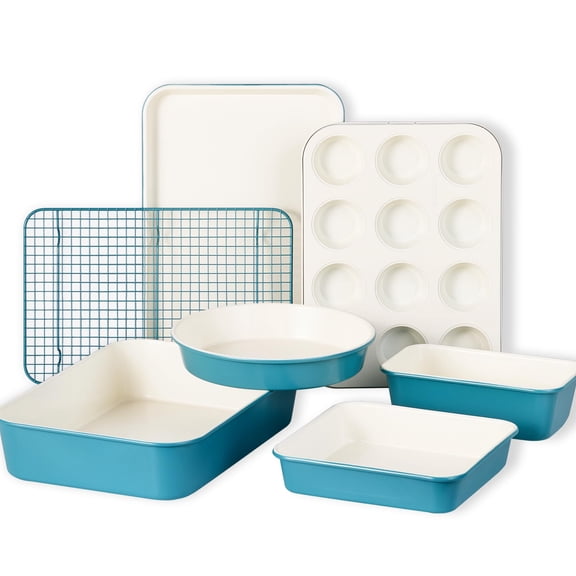 7-piece Nonstick Ceramic Baking Pans Set - Bakeware Sets Including Cookie Sheets For Muffin Pan Bread Cake Loaf Roasting And Rack Light Blue & White