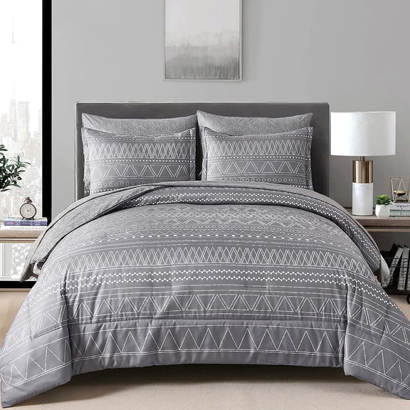 7-piece Queen size reversible boho bedding set, dark grey textured stripe ultra soft microfiber all-season complete kit with comforter, sheets & matching pillow covers