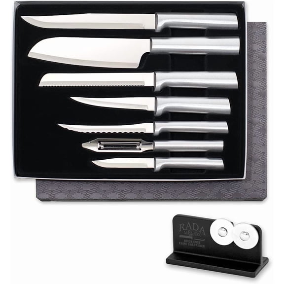 7-piece Starter Knife Gift Set S38 with Quick Edge Sharpener R119 Stainless Steel Hollow Ground Blades Made in USA Silver Handles