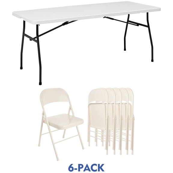 7 piece White 6ft Folding Table and 6 Steel Chair Set