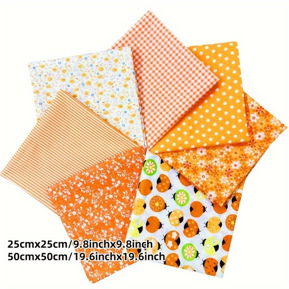 7-piece floral cotton fabric squares 9.84" X 9.84" thick quarter-yard fabric pack for sewing and patchwork crafts (orange)