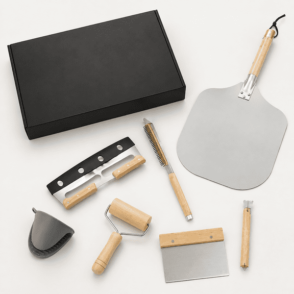 7-piece pizza oven accessory set for making pizza, comprising pizza shovel, oven brush, bubble popper deformer, rocking knife, silica gel clamp, dough roller and scraper