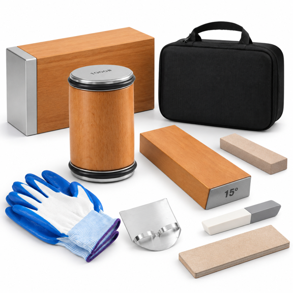 7-piece sharpening kit with 15/20 angle guide, 1000/3000 grit ceramic discs, leather strop and carry case
