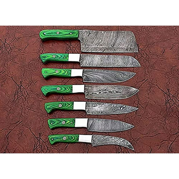 7 pieces Damascus steel kitchen knife set with leather bag, 74" long knives Includes bread knife, Steak knife, Boning knife, Cleaver, Utility knife, chef knife. Camel bone and wood scale