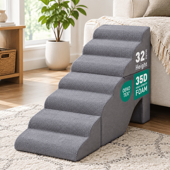 7-step 35d Foam Dog Stair For High Beds 32 Inches Tall Grey
