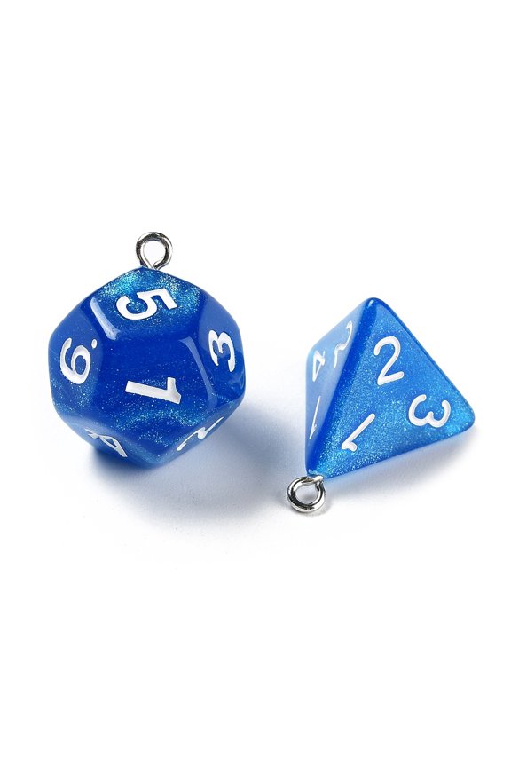 7 styles Opaque Resin Polyhedral Dice Pendants set Multi-Sided Dice Charms with Platinum Plated Iron Loops Mixed Shapes Blue 20~28x19~24x17~24mm Hole: 2mm 1pc/style 7pcs/set