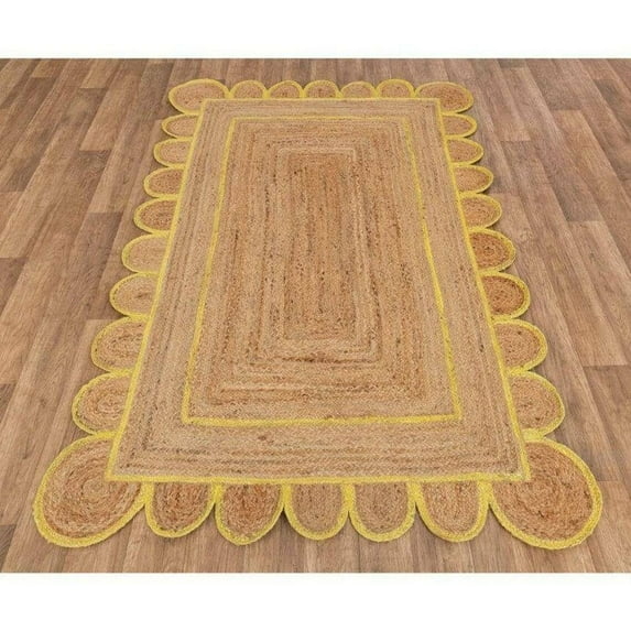 7 x 10 Feet ( 210 cm x 300 cm ) Natural Jute with Yellow Scalloped Area Rugs , Home Decor Rugs
