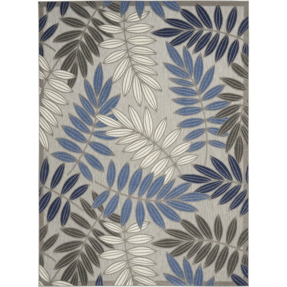 7’ x 10’ Gray and Blue Leaves Indoor Outdoor Area Rug