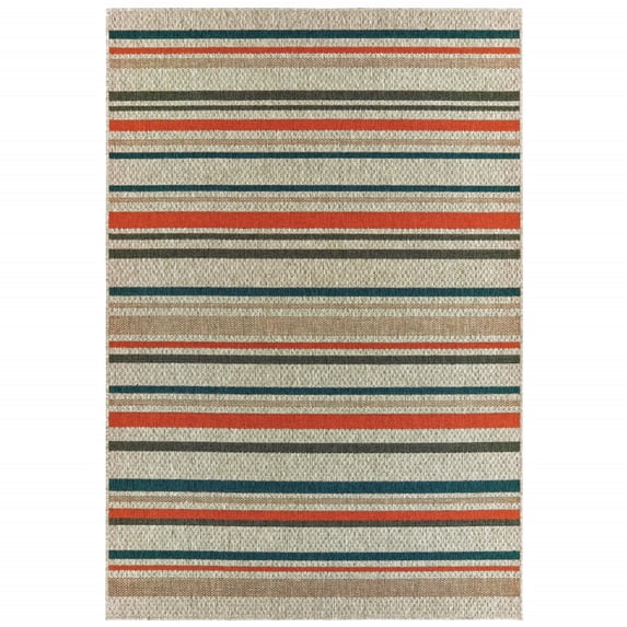 7' x 10' Grey Blue Machine Woven Geometric Indoor or Outdoor Area Rug