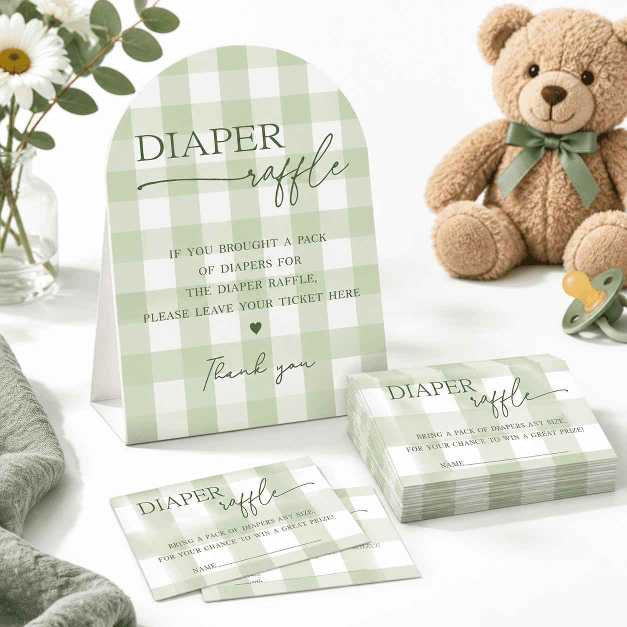 Diaper Raffle Draw Sign 7 x 10 Inch White and Green Plaid Diaper Raffle Ticket Party Game with ...