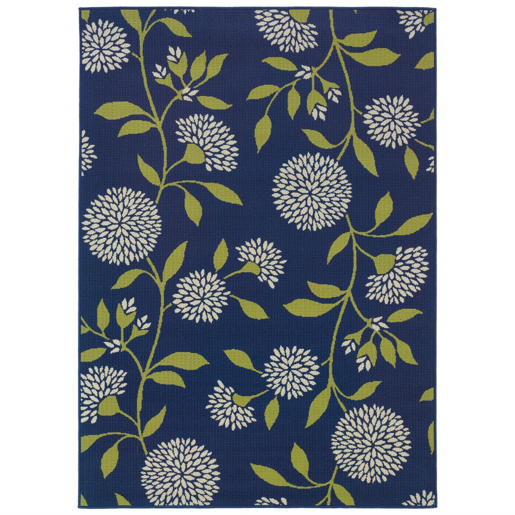 7' x 10' Indigo and Lime Green Floral Indoor or Outdoor Area Rug