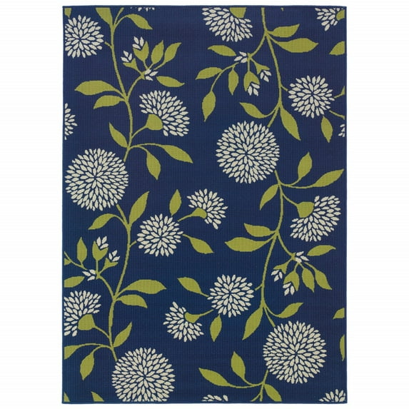 7' x 10' Indigo and Lime Green Floral Indoor or Outdoor Area Rug