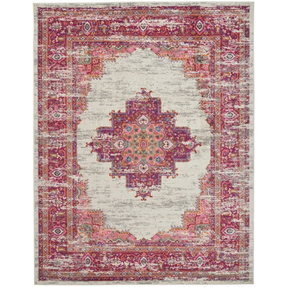 7’ x 10' Ivory and Fuchsia Distressed Area Rug
