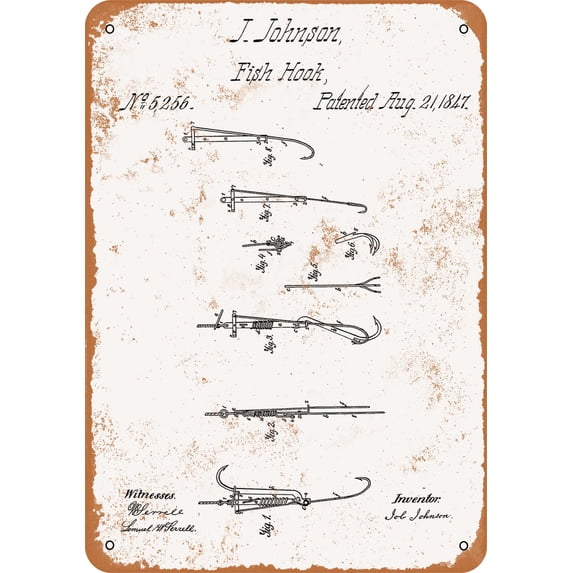 7 x 10 METAL SIGN - 1847 Fish Hook Patent - Vintage Rusty Look