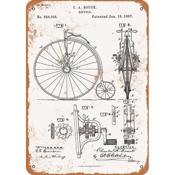 7 x 10 METAL SIGN - 1887 Bicycle Patent - Vintage Rusty Look