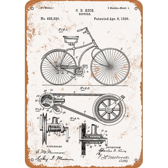 7 x 10 METAL SIGN - 1890 Bicycle Patent - Vintage Rusty Look