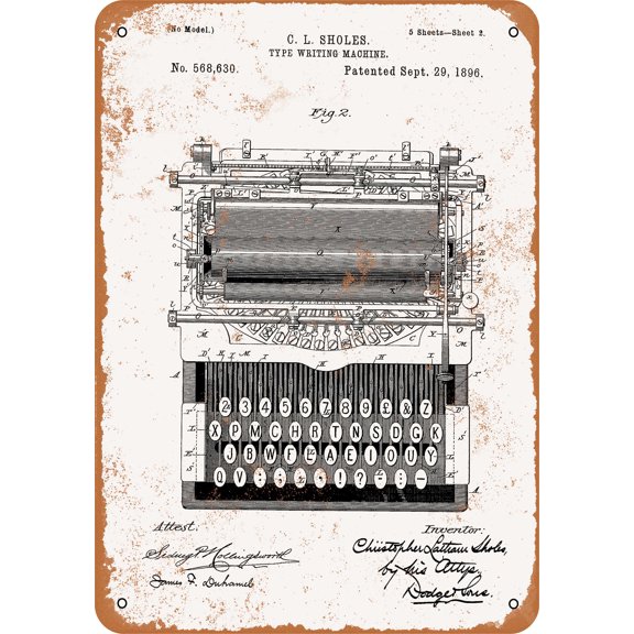 7 x 10 METAL SIGN - 1896 Typewriter Patent - Vintage Rusty Look