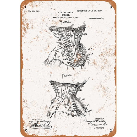 7 x 10 METAL SIGN - 1908 Corset Patent - Vintage Rusty Look