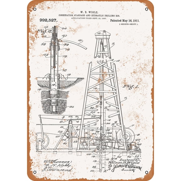 7 x 10 METAL SIGN - 1911 Oil Drilling Rig Patent - Vintage Rusty Look