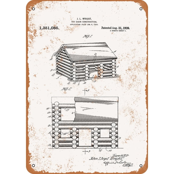 7 x 10 METAL SIGN - 1920 Lincoln Logs Patent - Vintage Rusty Look