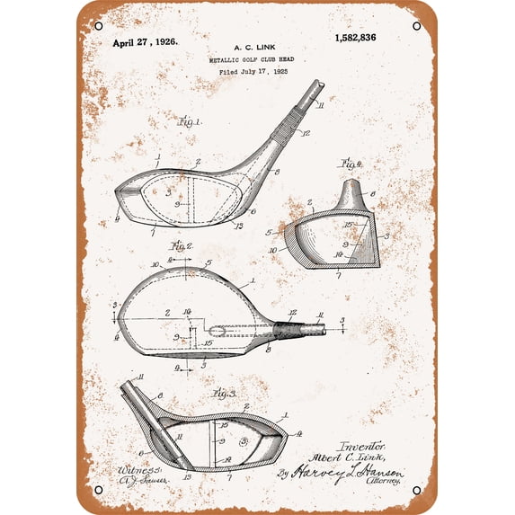 7 x 10 METAL SIGN - 1926 Metal Golf Club Driver Patent - Vintage Rusty Look