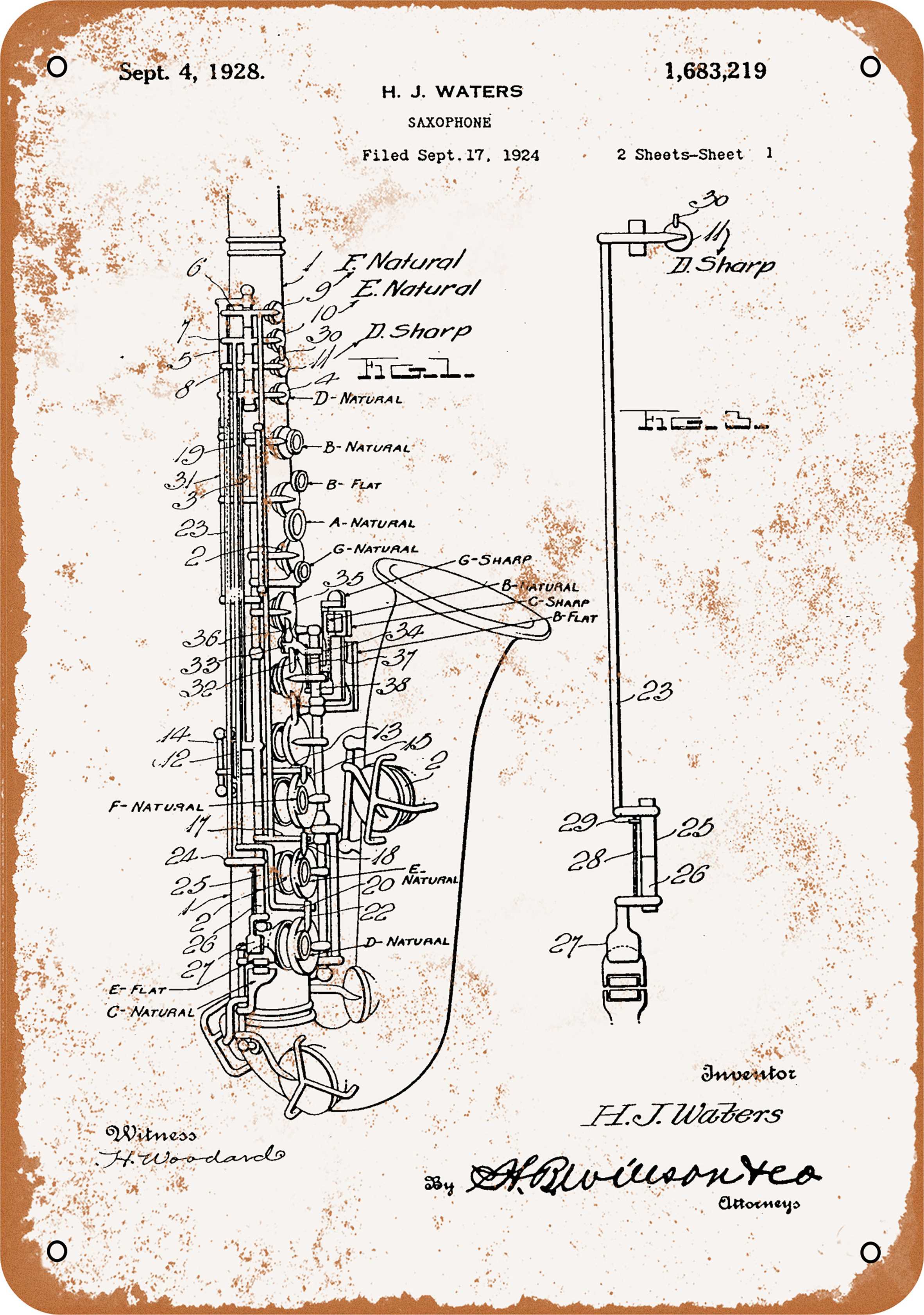 7 x 10 METAL SIGN 1928 Saxophone Patent Vintage Rusty Look