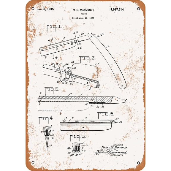 7 x 10 METAL SIGN - 1935 Straight Razor Patent - Vintage Rusty Look