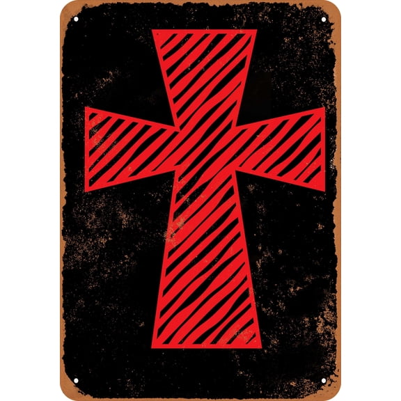 7 x 10 METAL SIGN - Christian Cross Red 2 (Dark Background) - Vintage Rusty Look