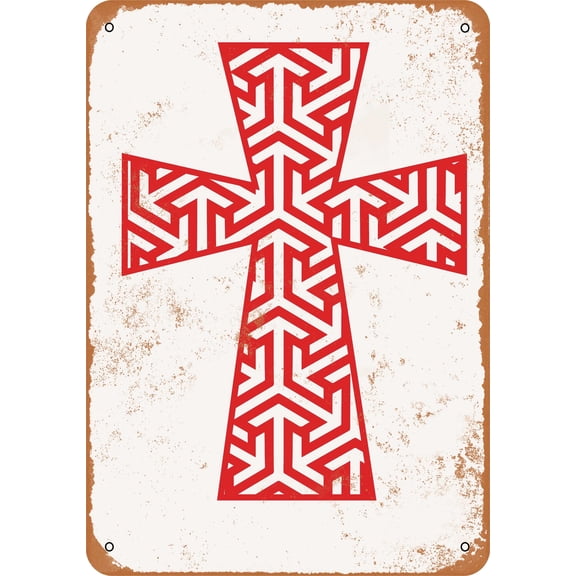 7 x 10 METAL SIGN - Christian Cross Red Arrows - Vintage Rusty Look
