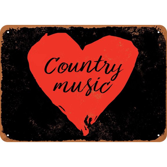 7 x 10 METAL SIGN - Country Music Heart (Dark Background) - Vintage Rusty Look