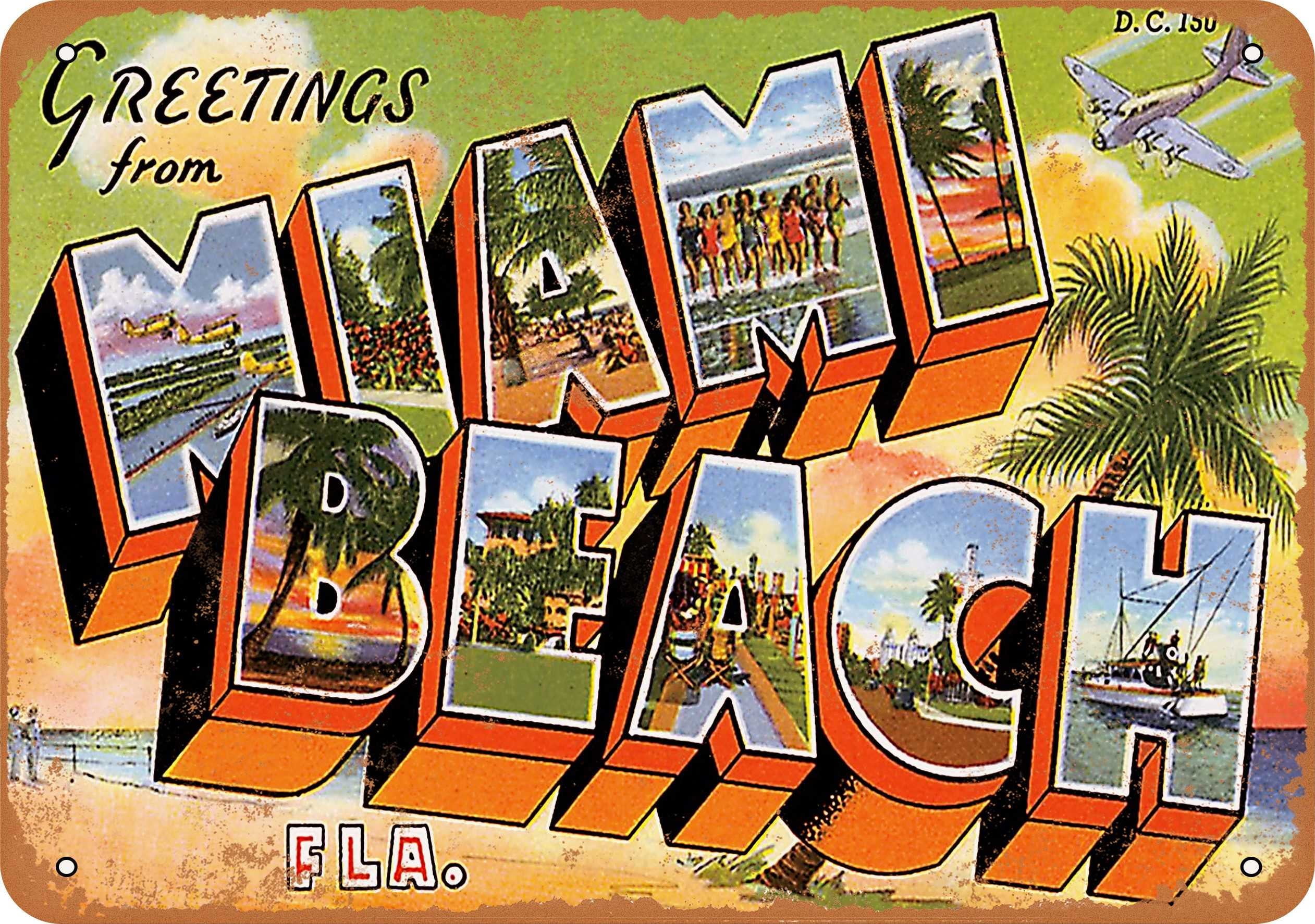 Miami Signs Fun 7 x 10 METAL SIGN - Greetings from Miami Beach - Vintage Rusty Look ...