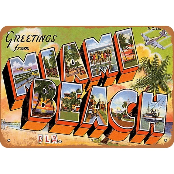 7 x 10 METAL SIGN - Greetings from Miami Beach - Vintage Rusty Look