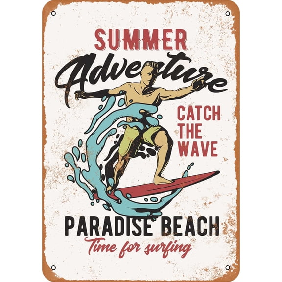 7 x 10 METAL SIGN - Paradise Beach Summer Adventure Surfing - Vintage Rusty Look