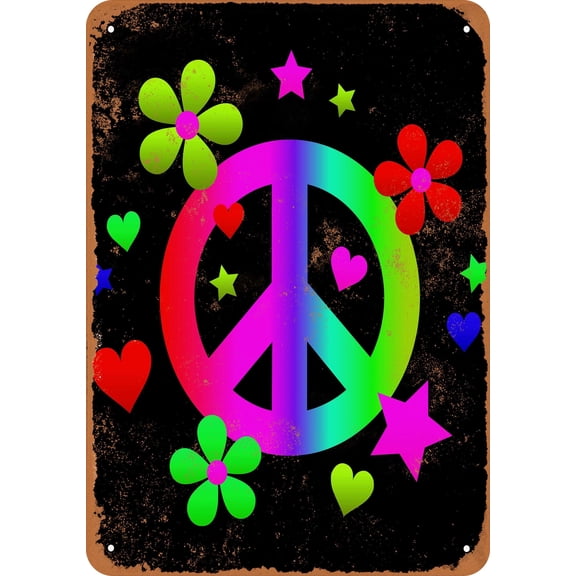 7 x 10 METAL SIGN - Rainbow Peace Sign and Flowers - Vintage Rusty Look