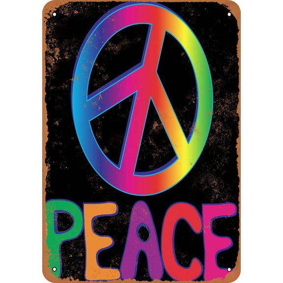 7 x 10 METAL SIGN - Rainbow Peace Sign and Peace - Vintage Rusty Look