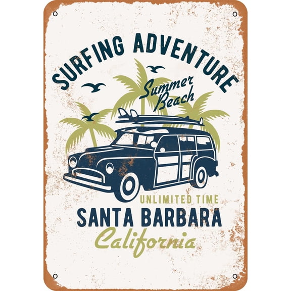 7 x 10 METAL SIGN - Surfing Adventure Santa Barbara - Vintage Rusty Look