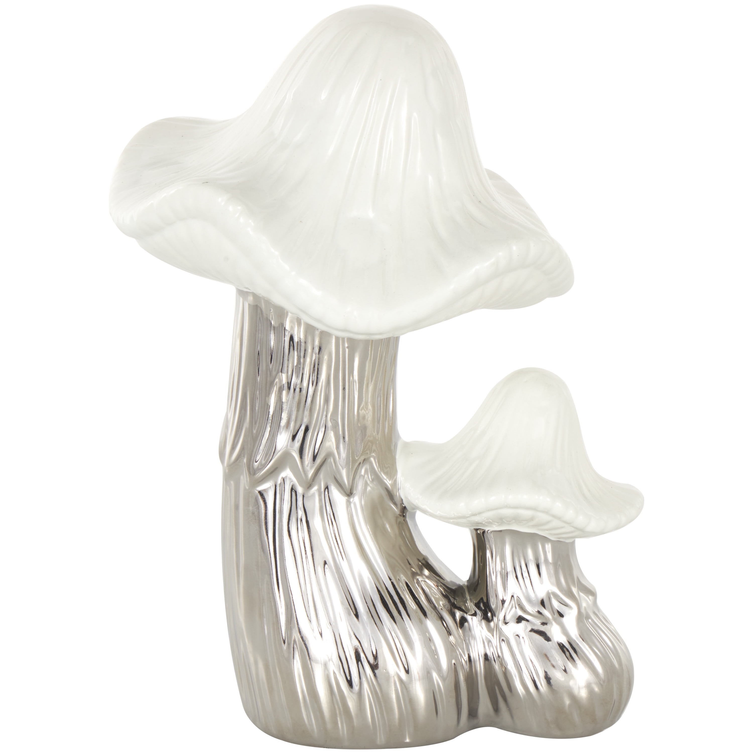 7" x 10" Silver Ceramic Mushroom Sculpture with White Tops and Textured Grooves, by DecMode