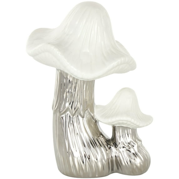 7" x 10" Silver Ceramic Mushroom Sculpture with White Tops and Textured Grooves, by DecMode