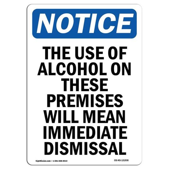7 x 10 in. OSHA Notice Sign - Alcohol on Premises Immediate Dismissal