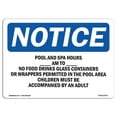 thumbnail image 1 of 7 x 10 in. OSHA Notice Sign - Pool & Spa Hours AM to PM No Food, 1 of 1