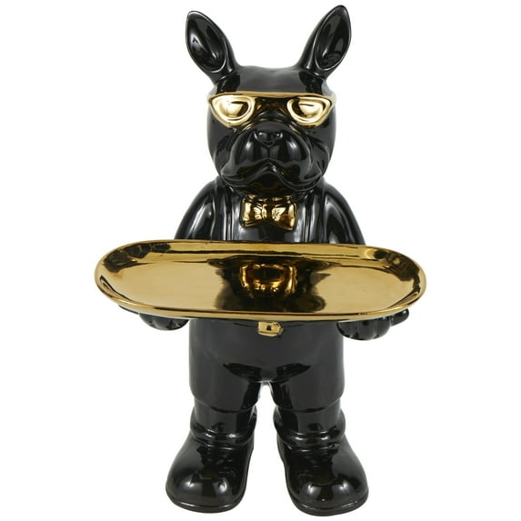 7" x 12" Black Ceramic Bulldog Sculpture with Gold Accents, by DecMode