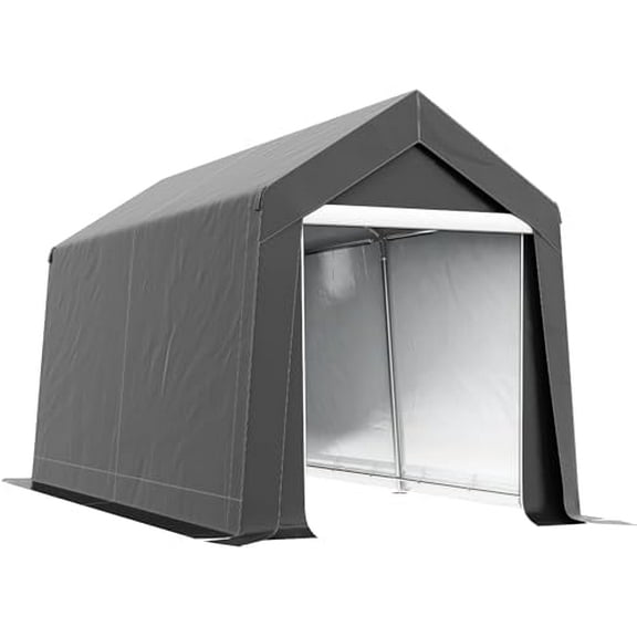 7' x 12' Portable Storage Shed Shelter, Heavy Duty Outdoor Shed, Waterproof Garden Storage Tent with Ventilation Window and Roll- Zipper Door for Bike, Motorcycle, Garden Tools, Gray