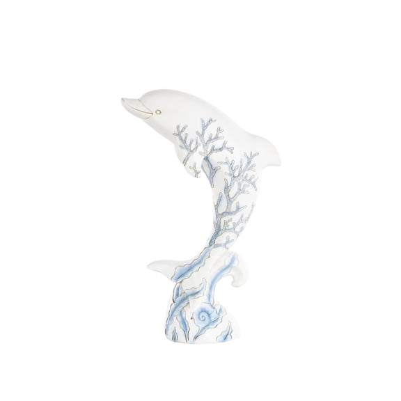 7" x 12" White Polystone Curved Dolphin Sculpture with Blue Coral Patterns, by DecMode